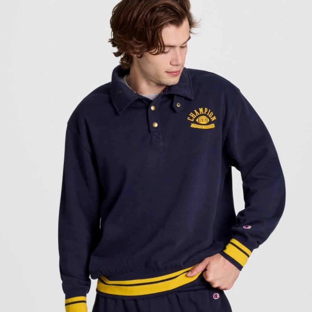Mens Navy Champion Pullover Sweatshirt with Yellow Crest Sz M NWT